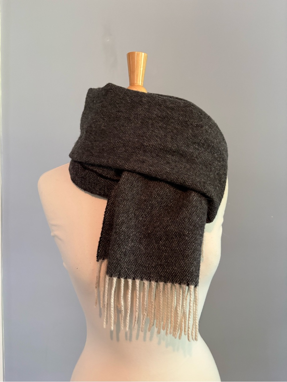 Rodebjer 100% Wool Charcoal Gray Scarf with White Fringe
